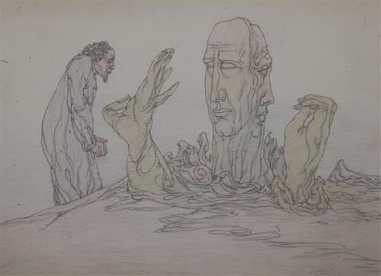§ Austin Osman Spare (1888-1956) Robed figure and head forms in a landscape 7 x 9.75in. unframed